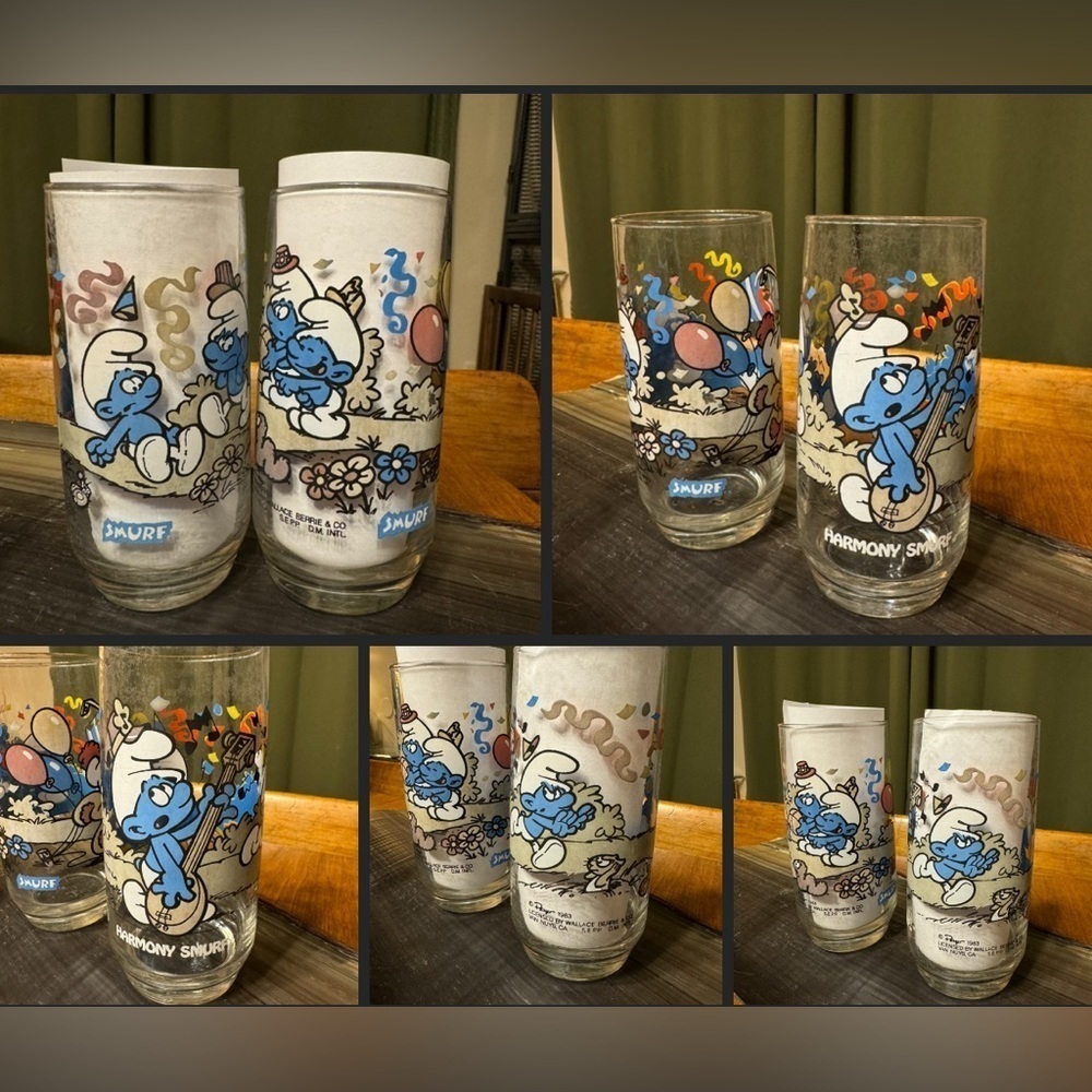 Vintage 1983 Smurf Tumbler 80s Clumsy Smurf Harmony Smurf Glass Tumbler Set of 2
